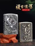【QINQUAN】Lighters Smoking Cigarette Accessories Metal Armor Coal Oil Lighter Windproof Embossed Rose Vintage Men's Lighter（NO GAS）