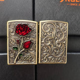 【QINQUAN】Lighters Smoking Cigarette Accessories Metal Armor Coal Oil Lighter Windproof Embossed Rose Vintage Men's Lighter（NO GAS）