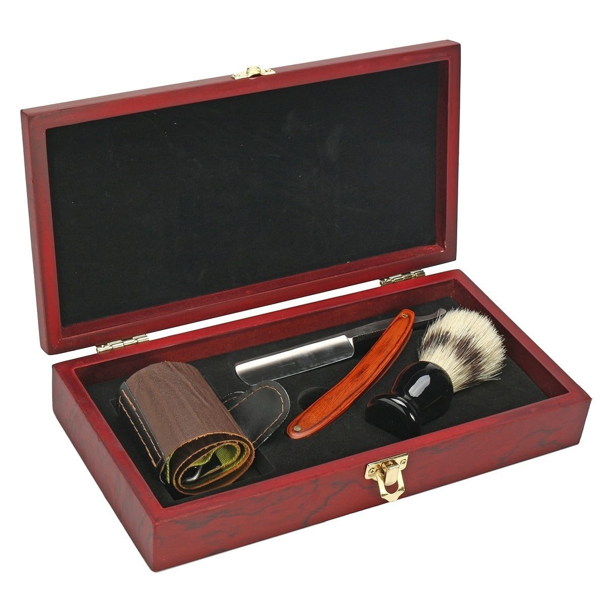 Barber Shaving Kit Set Straight Razor Shaving Brush Strop Wooden Box Father Gift