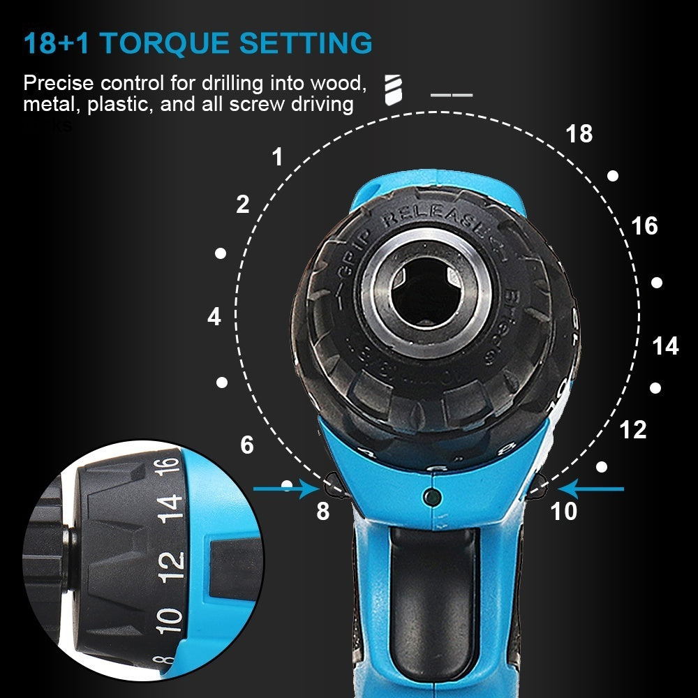 New    18+1 Clutch Positions LED Light 2 Speed 10MM Keyless Chuck with    2pcs  Lithium Ion Batteries 21V Cordless Rechargeable Electric Drill ScrewDriver