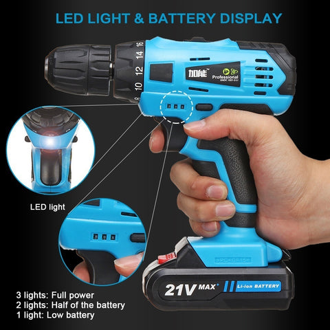New    18+1 Clutch Positions LED Light 2 Speed 10MM Keyless Chuck with    2pcs  Lithium Ion Batteries 21V Cordless Rechargeable Electric Drill ScrewDriver